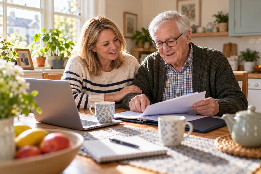A daughter and her father reviewing paperwork at the kitchen table