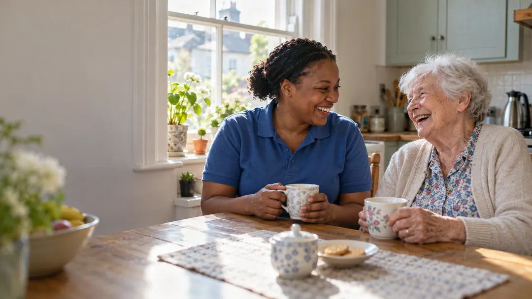 A smiling Angels care worker sharing a cup of tea and a laugh with an older woman at her kitchen table