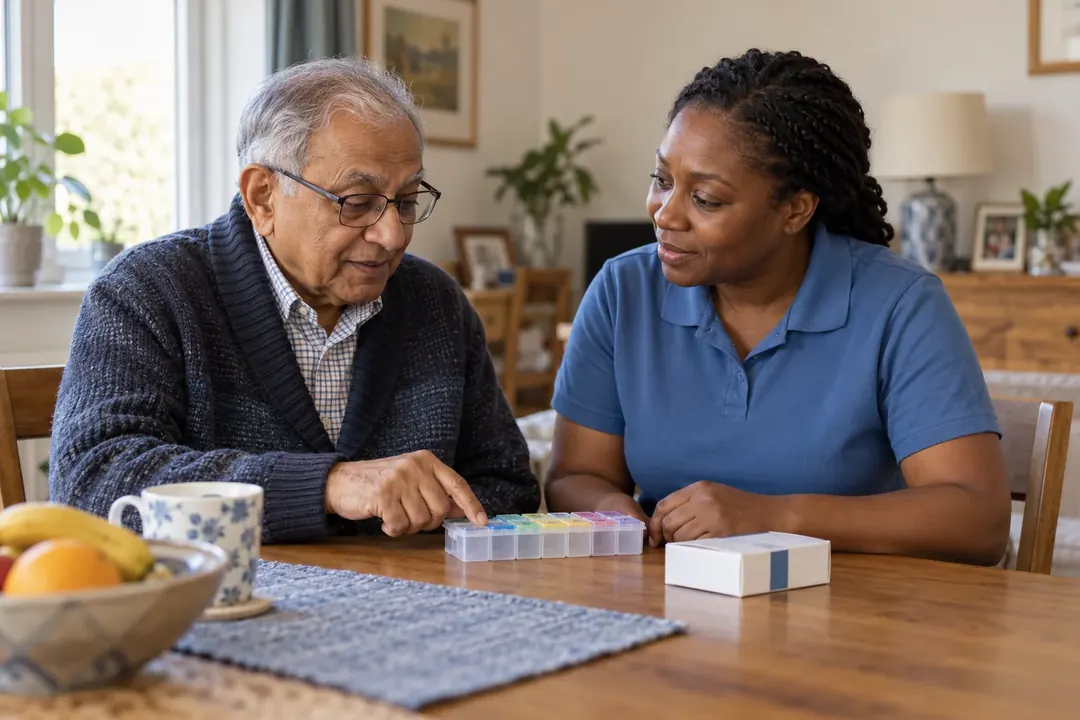 A care worker sitting with an older man at his dining table